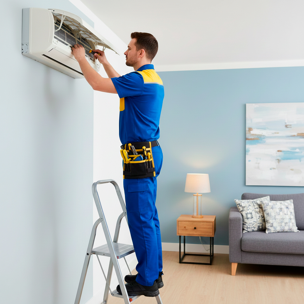 Técnico en una escalera arreglando un aire acondicionado.